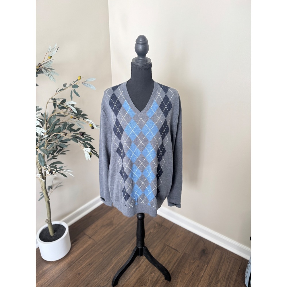 Banana Republic 100% Merino Wool Argyle V-Neck Sweater Gray Blue Mens Large